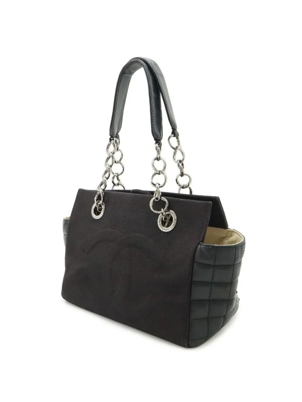 Chanel Choco Bar Chain Tote Quilted Net Canvas Leather Black - Picture 2 of 9